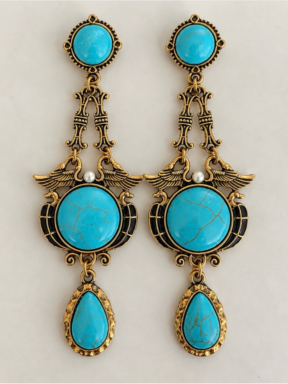 Vintage-Inspired Turquoise Drop Dangle Earrings - Gold Tone